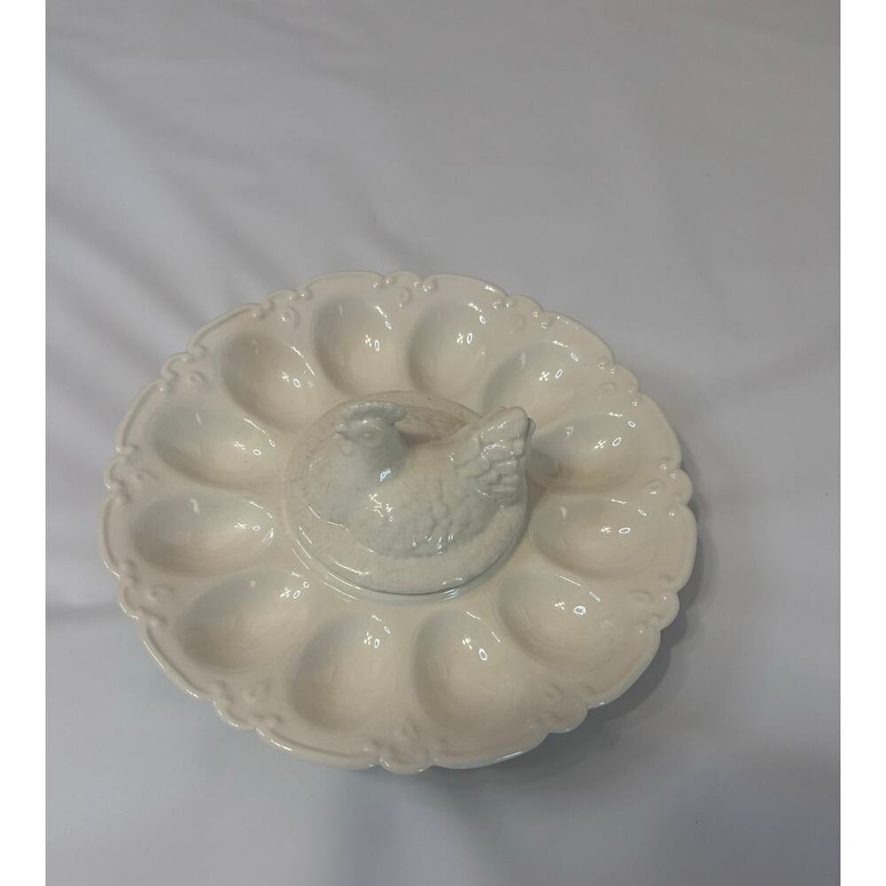 Vintage 1961 BCC white ceramic 12 slot egg platter with hen sauce lid